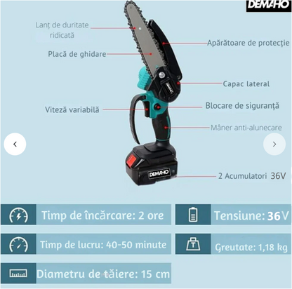 Mini fierastrau electric / mini drujba cu lant pe acumulator AT PERFORMANCE®, 36V, putere 550 W, lungime lama 6 inch, 3X Lanturi, 2X Baterii, 3X Lame