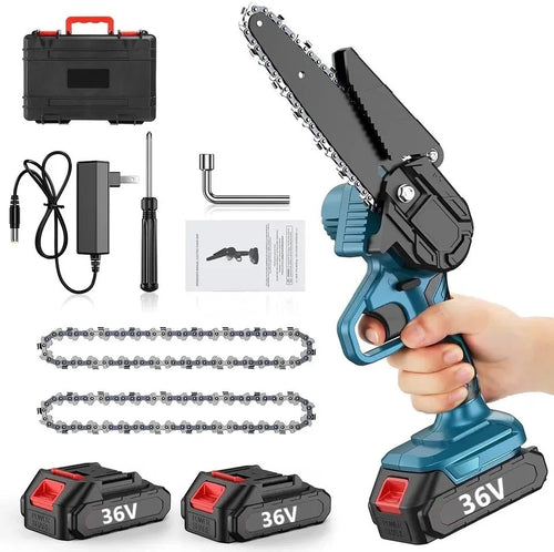 Mini fierastrau electric / mini drujba cu lant pe acumulator AT PERFORMANCE®, 36V, putere 550 W, lungime lama 6 inch, 3X Lanturi, 2X Baterii, 3X Lame