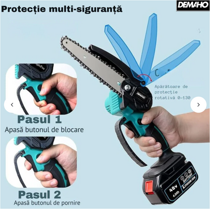 Mini fierastrau electric / mini drujba cu lant pe acumulator AT PERFORMANCE®, 36V, putere 550 W, lungime lama 6 inch, 3X Lanturi, 2X Baterii, 3X Lame