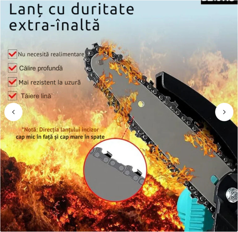 Mini fierastrau electric / mini drujba cu lant pe acumulator AT PERFORMANCE®, 36V, putere 550 W, lungime lama 6 inch, 3X Lanturi, 2X Baterii, 3X Lame