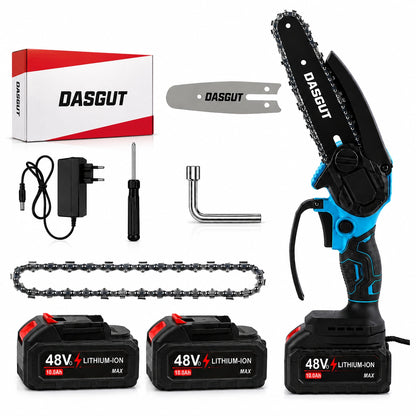 Mini Fierăstrău Electric tip drujba cu Lanț 550W, 2x Acumulatori 48V, 1x Lanțuri, Lamă 6 inch, Puternic și Portabil