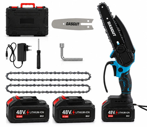 Mini Fierăstrău Electric tip drujba cu Lanț 550W, 2x Acumulatori 48V, 2x Lanțuri, Lamă 6 inch, Puternic și Portabil