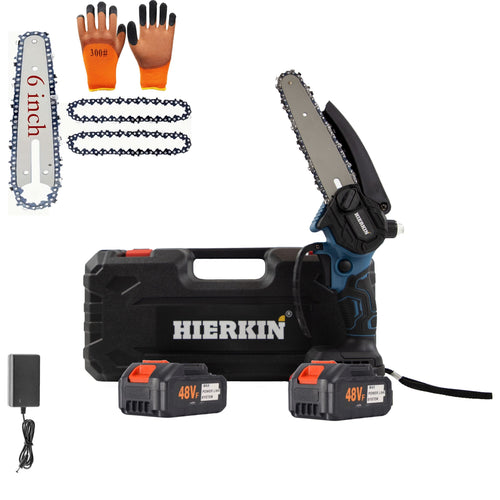 Mini Fierăstrău Electric tip drujba cu Lanț 850W, Sistem de Ungere Automat, 2x Acumulatori 48V, 2x Lanțuri, 2X Lamă 6 inch, Puternic și Portabil