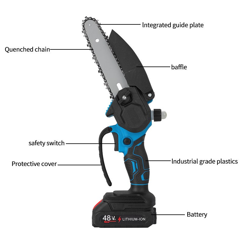 Mini Fierăstrău Electric tip drujba cu Lanț 850W, Sistem de Ungere Automat, 2x Acumulatori 48V, 2x Lanțuri, 2X Lamă 6 inch, Puternic și Portabil