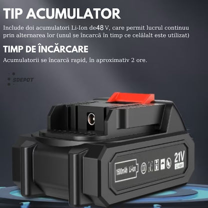 Mini Fierăstrău Electric tip drujba cu Lanț 850W, Sistem de Ungere Automat, 2x Acumulatori 48V, 2x Lanțuri, 2X Lamă 6 inch, Puternic și Portabil