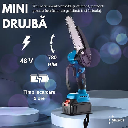 Mini Fierăstrău Electric tip drujba cu Lanț 850W, Sistem de Ungere Automat, 2x Acumulatori 48V, 2x Lanțuri, 2X Lamă 6 inch, Puternic și Portabil