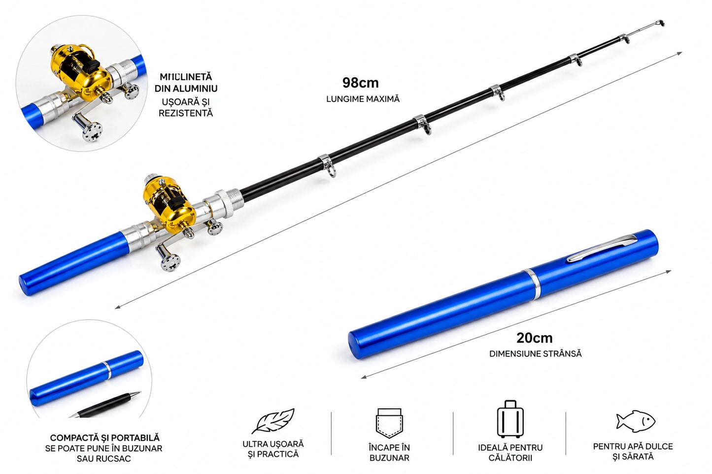 Mini Lansetă de Buzunar Telescopică cu Mulinetă Ultra Portabilă, Tip Pix, pentru Pescuit în Călătorii și Camping