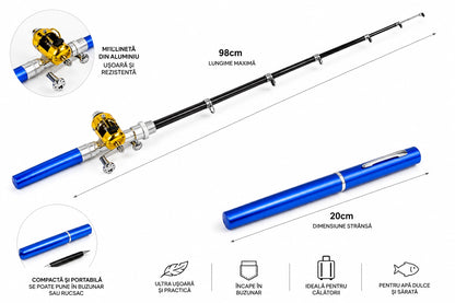 Mini Lansetă de Buzunar Telescopică cu Mulinetă Ultra Portabilă, Tip Pix, pentru Pescuit în Călătorii și Camping