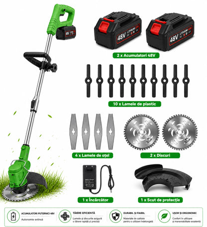 Motocoasa Electrica Cu 2X Acumulatori 48V, Autonomie 3 ore 11000 mAh, 18000 Rpm, 16 Accesorii incluse Brat Extensibil