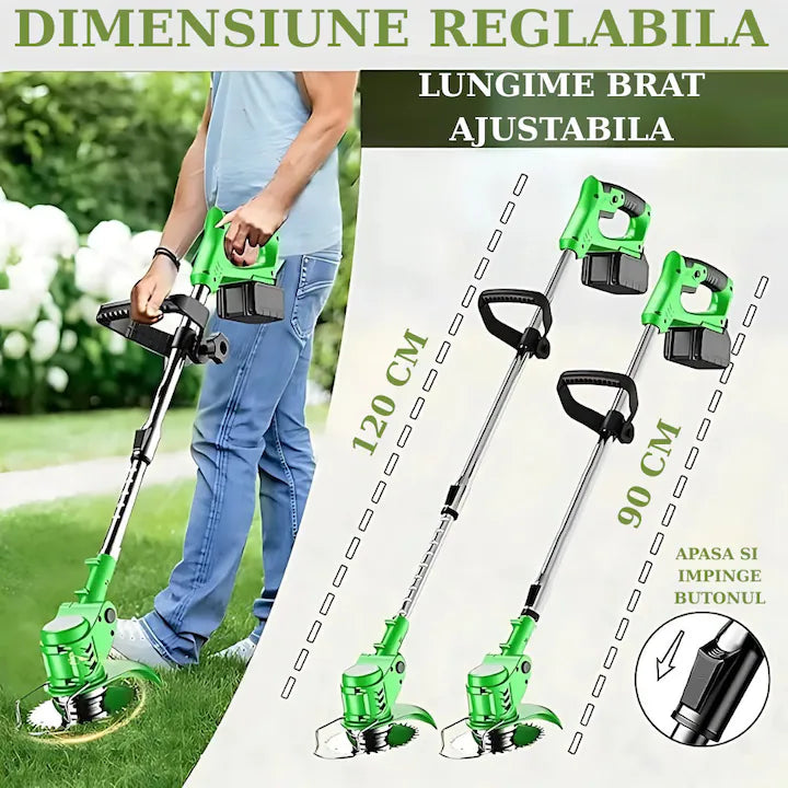 Motocoasa Electrica Cu Roti Detasabile 2X Acumulatori 48V, Autonomie 3 ore 10000 mAh, 15000 Rpm, Brat Extensibil