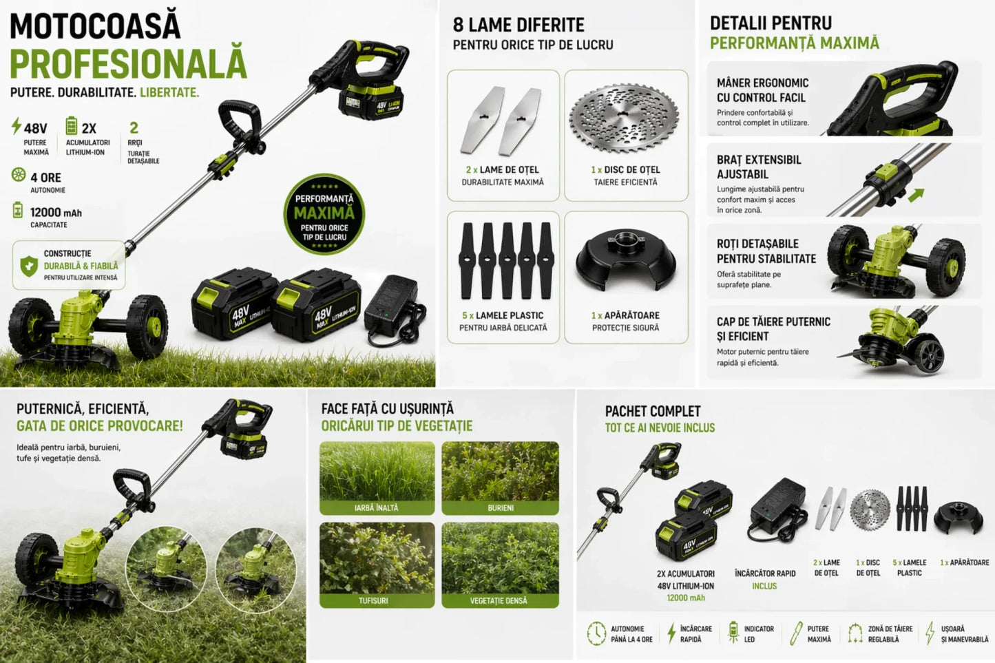 Motocoasa Electrica Cu Roti Detasabile 2X Acumulatori 48V, Autonomie 3 ore 10000 mAh, 15000 Rpm, Brat Extensibil