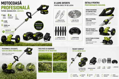 Motocoasa Electrica Cu Roti Detasabile 2X Acumulatori 48V, Autonomie 3 ore 10000 mAh, 15000 Rpm, Brat Extensibil