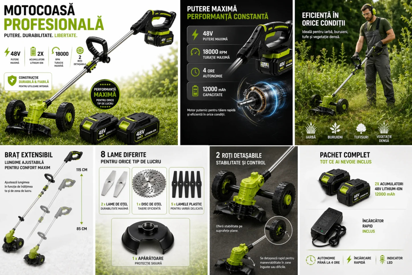 Motocoasa Electrica Cu Roti Detasabile 2X Acumulatori 48V, Autonomie 3 ore 10000 mAh, 15000 Rpm, Brat Extensibil