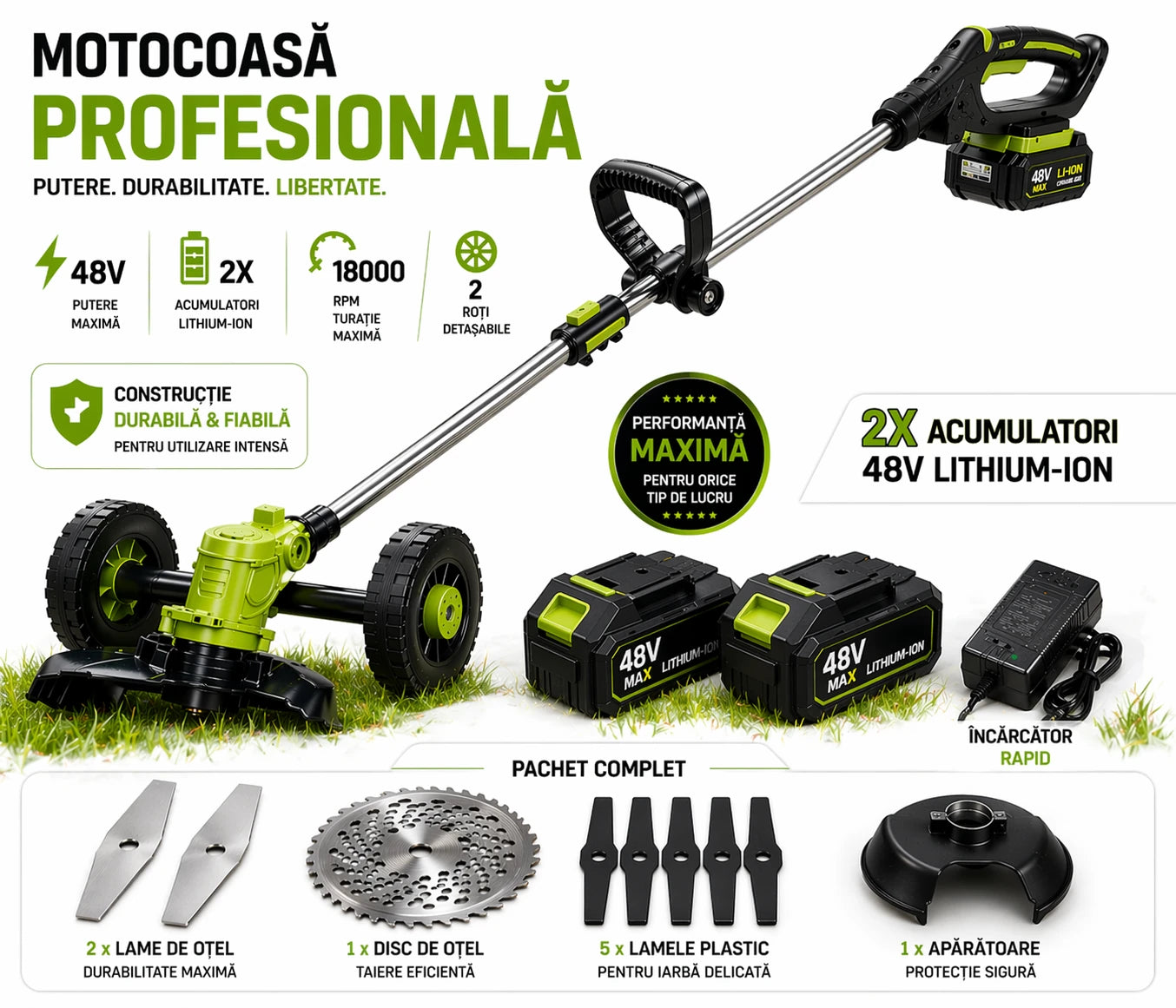 Motocoasa Electrica Profesionala Cu Roti Detasabile 2X Acumulatori 48V, Autonomie 4 ore 12000 mAh, 18000 Rpm, 8 Lame Diferite Brat Extensibil