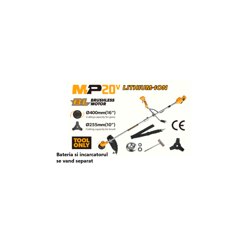 Motocoasa Fara Fir Cu Acumulator LI-ION, 450 W, One Power MP20V, Extreme Brushless, 6000 Rpm, Mâner Auxiliar Rotativ, Nu Include Acumulator Si Incarcator, Tolsen