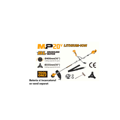 Motocoasa Fara Fir Cu Acumulator LI-ION, 450 W, One Power MP20V, Extreme Brushless, 6000 Rpm, Mâner Auxiliar Rotativ, Nu Include Acumulator Si Incarcator, Tolsen