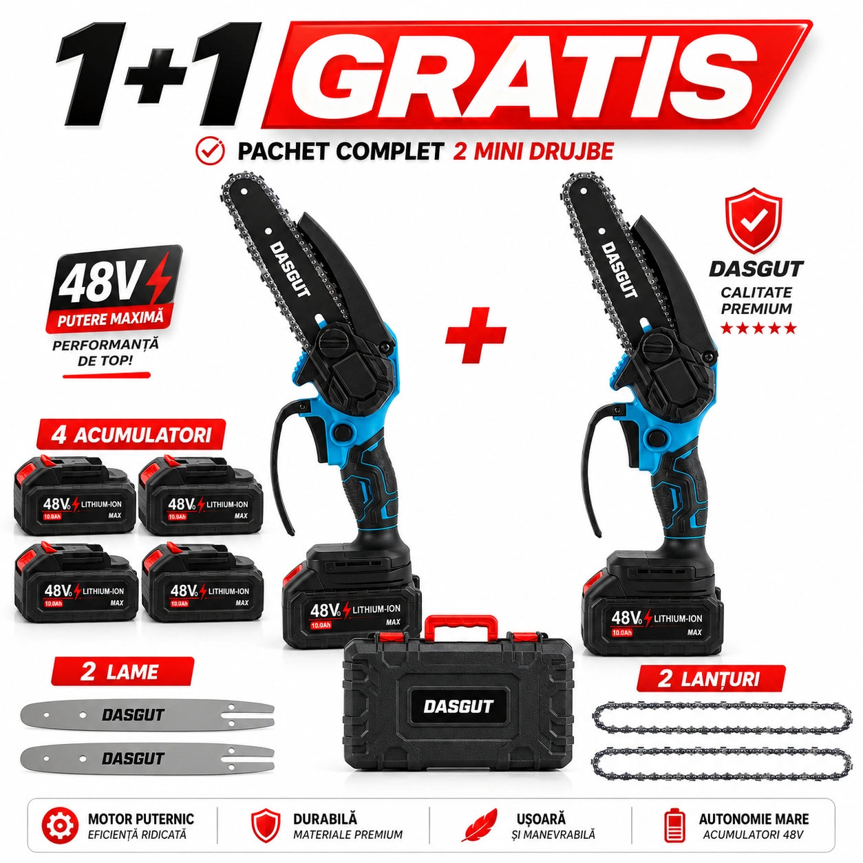 Pachet 1+1 Gratis Mini Fierăstrău Electric tip drujba cu Lanț Dasgut 550W, 4x Acumulatori 48V, 2x Lanțuri, 2x Lamă 6 inch, Puternic și Portabil