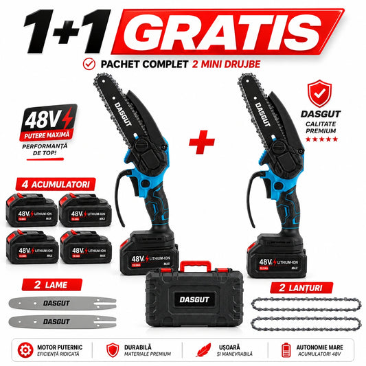 Pachet 1+1 Gratis Mini Fierăstrău Electric tip drujba cu Lanț Dasgut 550W, 4x Acumulatori 48V, 2x Lanțuri, 2x Lamă 6 inch, Puternic și Portabil
