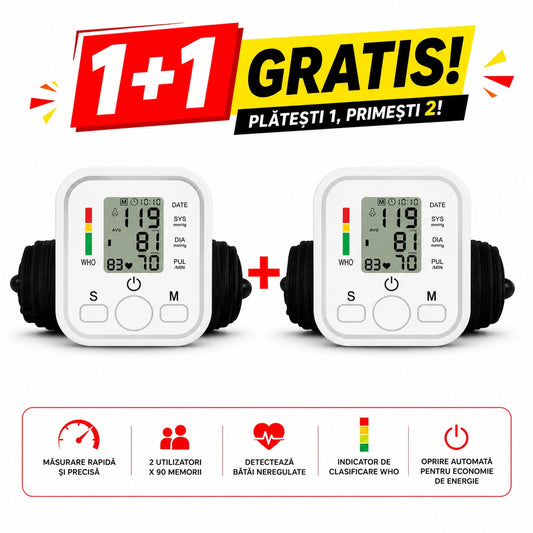 Pachet 1+1 Gratis Tensiometru Digital Electronic de Încheietură, Ecran LCD Mare, Măsurare Rapidă și Precisă, Detectare Bătăi Neregulate, Memorie pentru 2 Utilizatori, Oprire Automată