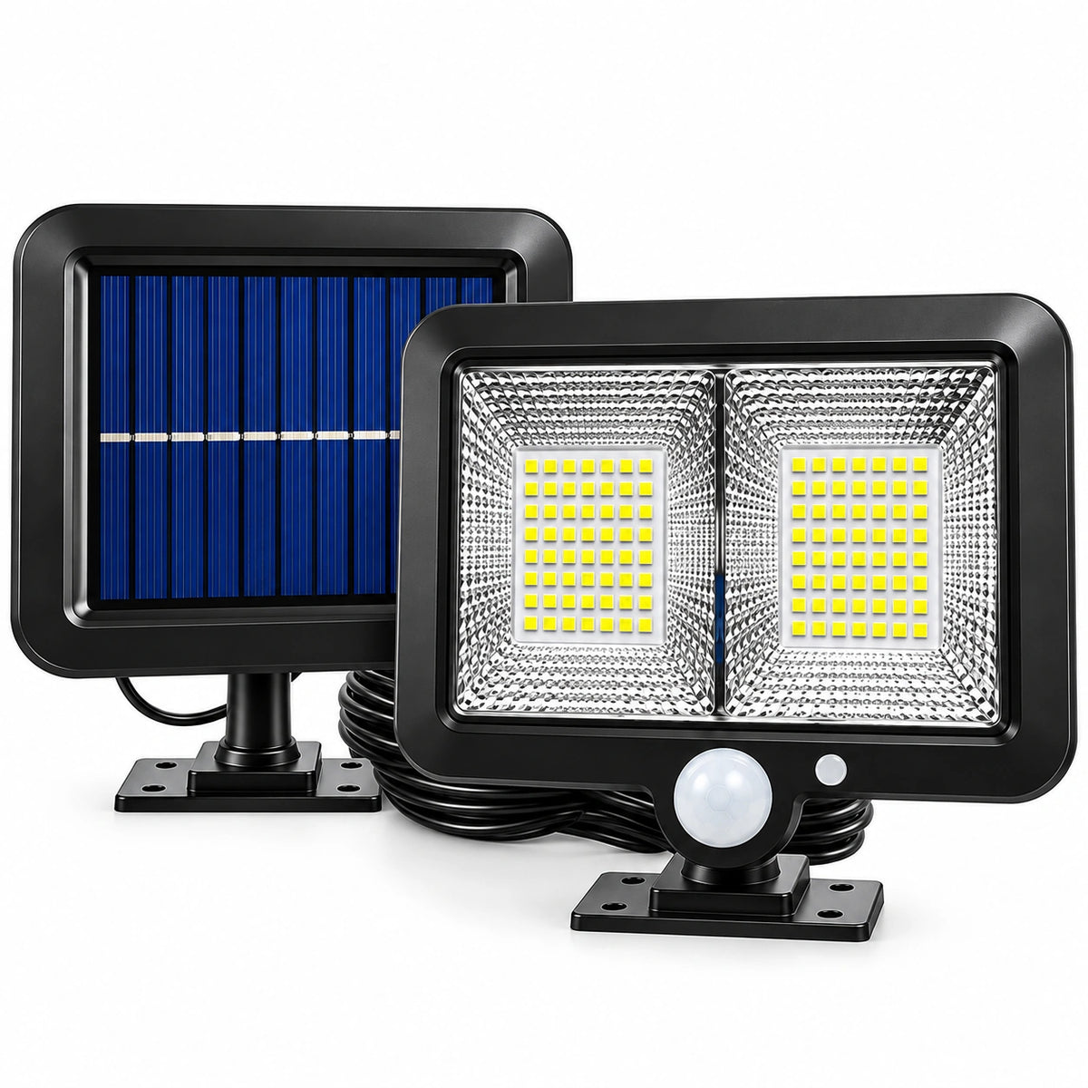Pachet 1+1 Lămpi Solare LED cu Panou Solar Separat, 98 LED-uri, Senzor de Mișcare, Telecomandă, 3 Moduri de Iluminare, Cablu 5 Metri, Rezistente la Apă IP65, pentru Curte, Grădină și Garaj
