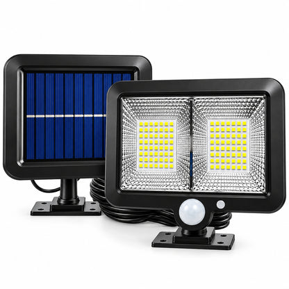 Pachet 1+1 Lămpi Solare LED cu Panou Solar Separat, 98 LED-uri, Senzor de Mișcare, Telecomandă, 3 Moduri de Iluminare, Cablu 5 Metri, Rezistente la Apă IP65, pentru Curte, Grădină și Garaj