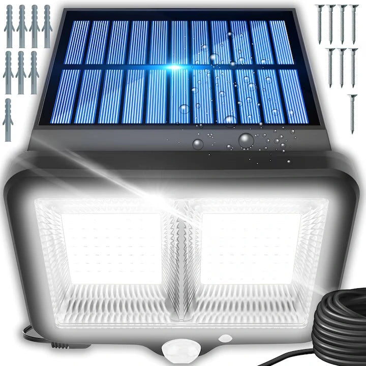 Pachet 1+1 Lămpi Solare LED cu Panou Solar Separat, 98 LED-uri, Senzor de Mișcare, Telecomandă, 3 Moduri de Iluminare, Cablu 5 Metri, Rezistente la Apă IP65, pentru Curte, Grădină și Garaj