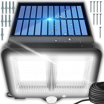 Pachet 1+1 Lămpi Solare LED cu Panou Solar Separat, 98 LED-uri, Senzor de Mișcare, Telecomandă, 3 Moduri de Iluminare, Cablu 5 Metri, Rezistente la Apă IP65, pentru Curte, Grădină și Garaj