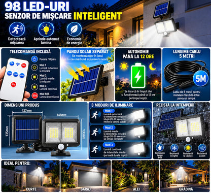 Pachet 1+1 Lămpi Solare LED cu Panou Solar Separat, 98 LED-uri, Senzor de Mișcare, Telecomandă, 3 Moduri de Iluminare, Cablu 5 Metri, Rezistente la Apă IP65, pentru Curte, Grădină și Garaj