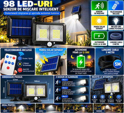 Pachet 1+1 Lămpi Solare LED cu Panou Solar Separat, 98 LED-uri, Senzor de Mișcare, Telecomandă, 3 Moduri de Iluminare, Cablu 5 Metri, Rezistente la Apă IP65, pentru Curte, Grădină și Garaj