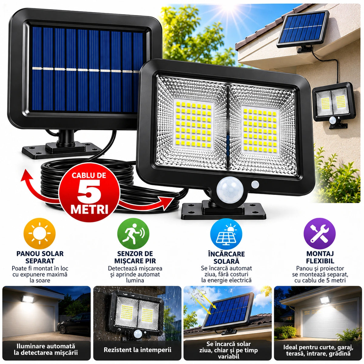 Pachet 1+1 Lămpi Solare LED cu Panou Solar Separat, 98 LED-uri, Senzor de Mișcare, Telecomandă, 3 Moduri de Iluminare, Cablu 5 Metri, Rezistente la Apă IP65, pentru Curte, Grădină și Garaj