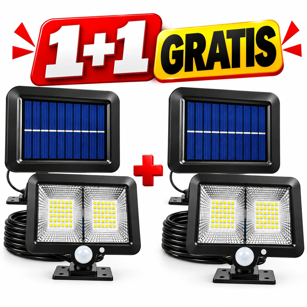 Pachet 1+1 Lămpi Solare LED cu Panou Solar Separat, 98 LED-uri, Senzor de Mișcare, Telecomandă, 3 Moduri de Iluminare, Cablu 5 Metri, Rezistente la Apă IP65, pentru Curte, Grădină și Garaj
