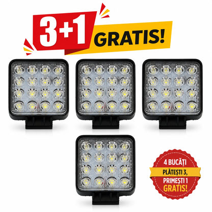 Pachet 3+1 GRATIS Proiector LED Auto din Aluminiu, 48W, 16 LED-uri, Lumină Albă Rece 6000K, IP67, pentru Off-Road, ATV, SUV, Camion, Tractor și Utilaje