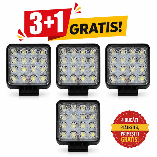Pachet 3+1 GRATIS Proiector LED Auto din Aluminiu, 48W, 16 LED-uri, Lumină Albă Rece 6000K, IP67, pentru Off-Road, ATV, SUV, Camion, Tractor și Utilaje