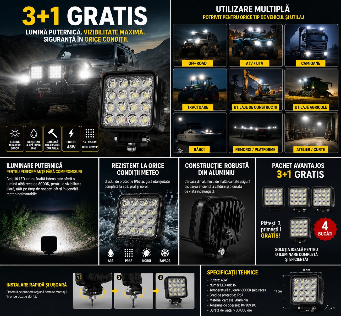 Pachet 3+1 GRATIS Proiector LED Auto din Aluminiu, 48W, 16 LED-uri, Lumină Albă Rece 6000K, IP67, pentru Off-Road, ATV, SUV, Camion, Tractor și Utilaje