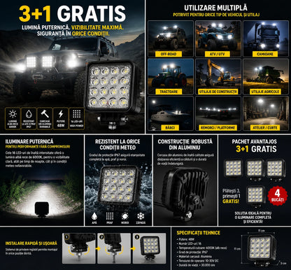 Pachet 3+1 GRATIS Proiector LED Auto din Aluminiu, 48W, 16 LED-uri, Lumină Albă Rece 6000K, IP67, pentru Off-Road, ATV, SUV, Camion, Tractor și Utilaje