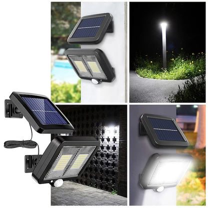 Pachet 3+1 Lămpi Solare LED cu Panou Solar Separat, 98 LED-uri, Senzor de Mișcare, Telecomandă, 3 Moduri de Iluminare, Cablu 5 Metri, Rezistente la Apă IP65, pentru Curte, Grădină și Garaj
