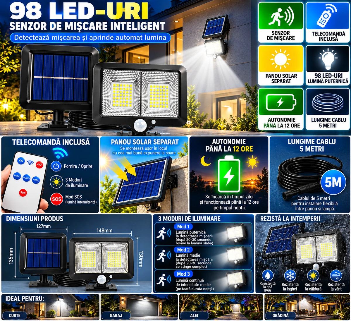 Pachet 3+1 Lămpi Solare LED cu Panou Solar Separat, 98 LED-uri, Senzor de Mișcare, Telecomandă, 3 Moduri de Iluminare, Cablu 5 Metri, Rezistente la Apă IP65, pentru Curte, Grădină și Garaj