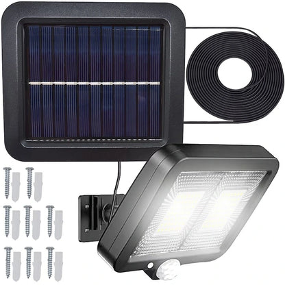 Pachet 3+1 Lămpi Solare LED cu Panou Solar Separat, 98 LED-uri, Senzor de Mișcare, Telecomandă, 3 Moduri de Iluminare, Cablu 5 Metri, Rezistente la Apă IP65, pentru Curte, Grădină și Garaj