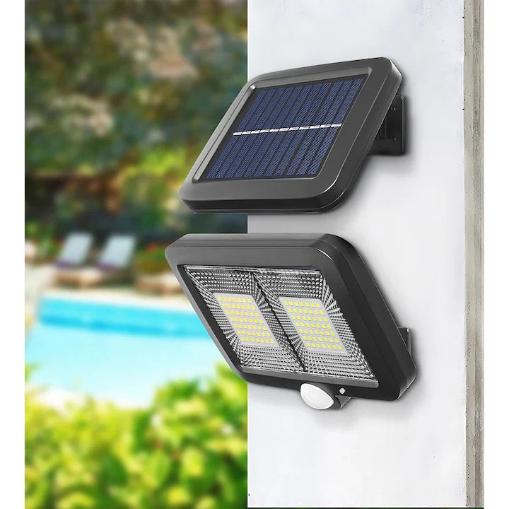 Pachet 3+1 Lămpi Solare LED cu Panou Solar Separat, 98 LED-uri, Senzor de Mișcare, Telecomandă, 3 Moduri de Iluminare, Cablu 5 Metri, Rezistente la Apă IP65, pentru Curte, Grădină și Garaj