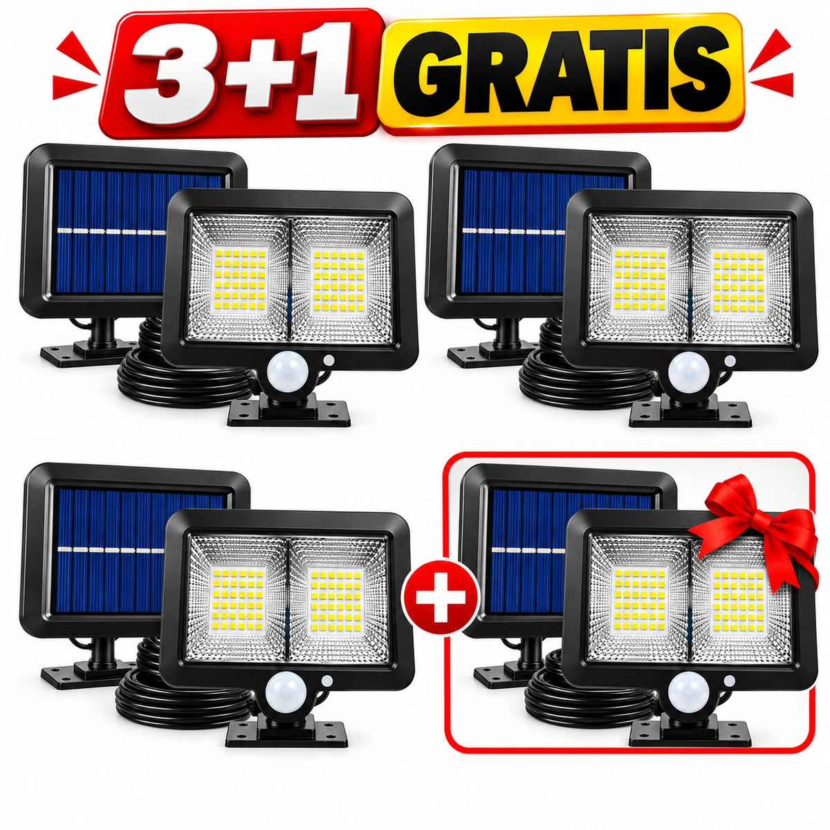 Pachet 3+1 Lămpi Solare LED cu Panou Solar Separat, 98 LED-uri, Senzor de Mișcare, Telecomandă, 3 Moduri de Iluminare, Cablu 5 Metri, Rezistente la Apă IP65, pentru Curte, Grădină și Garaj