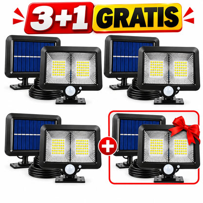 Pachet 3+1 Lămpi Solare LED cu Panou Solar Separat, 98 LED-uri, Senzor de Mișcare, Telecomandă, 3 Moduri de Iluminare, Cablu 5 Metri, Rezistente la Apă IP65, pentru Curte, Grădină și Garaj