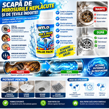 Pachet 4+1 Soluție pentru Desfundat Țevi și Sifoane WZLD Tornado  Dizolvă Părul, Grăsimile și Depunerile Organice, Elimină Mirosurile Neplăcute, Curățare Rapidă pentru Chiuvetă, Baie și Bucătărie