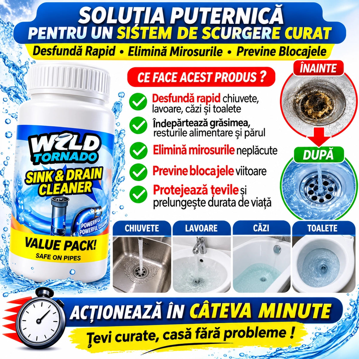 Pachet 4+1 Soluție pentru Desfundat Țevi și Sifoane WZLD Tornado  Dizolvă Părul, Grăsimile și Depunerile Organice, Elimină Mirosurile Neplăcute, Curățare Rapidă pentru Chiuvetă, Baie și Bucătărie