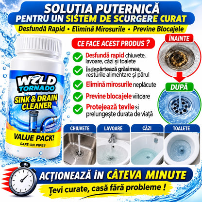 Pachet 4+1 Soluție pentru Desfundat Țevi și Sifoane WZLD Tornado  Dizolvă Părul, Grăsimile și Depunerile Organice, Elimină Mirosurile Neplăcute, Curățare Rapidă pentru Chiuvetă, Baie și Bucătărie