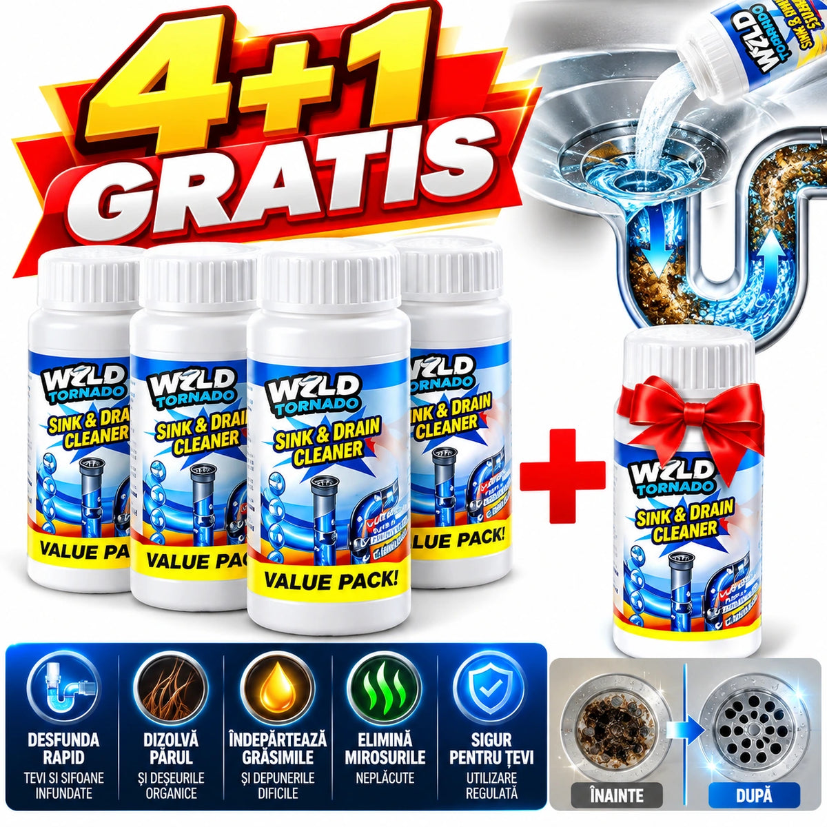 Pachet 4+1 Soluție pentru Desfundat Țevi și Sifoane WZLD Tornado  Dizolvă Părul, Grăsimile și Depunerile Organice, Elimină Mirosurile Neplăcute, Curățare Rapidă pentru Chiuvetă, Baie și Bucătărie