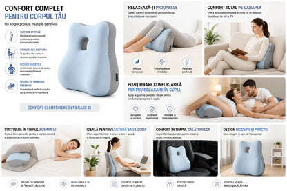 Pernă Ergonomică pentru Spate și Coloană Vertebrală, din Spumă cu Memorie Suport Lombar Ortopedic, Corector pentru Postură și Reducerea Durerilor de Spate, Ideală pentru Birou, Scaun Auto, Gaming, Canapea și Lucru de Acasă, Confortabil și Respirabil Gri