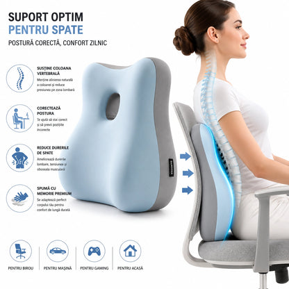Pernă Ergonomică pentru Spate și Coloană Vertebrală, din Spumă cu Memorie Suport Lombar Ortopedic, Corector pentru Postură și Reducerea Durerilor de Spate, Ideală pentru Birou, Scaun Auto, Gaming, Canapea și Lucru de Acasă, Confortabil și Respirabil Gri