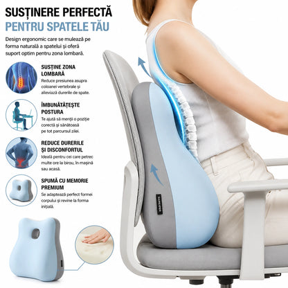 Pernă Ergonomică pentru Spate și Coloană Vertebrală, din Spumă cu Memorie Suport Lombar Ortopedic, Corector pentru Postură și Reducerea Durerilor de Spate, Ideală pentru Birou, Scaun Auto, Gaming, Canapea și Lucru de Acasă, Confortabil și Respirabil Gri