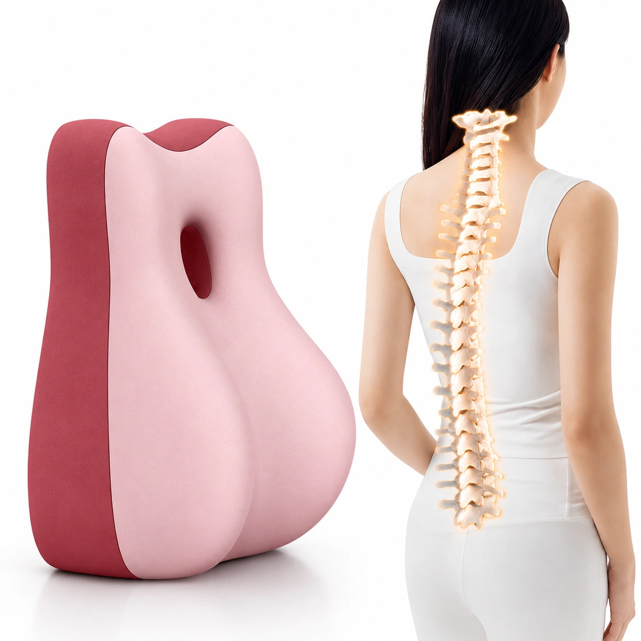 Pernă Ergonomică pentru Spate și Coloană Vertebrală, din Spumă cu Memorie Suport Lombar Ortopedic, Corector pentru Postură și Reducerea Durerilor de Spate, Ideală pentru Birou, Scaun Auto, Gaming, Canapea și Lucru de Acasă, Confortabil și Respirabil Roz