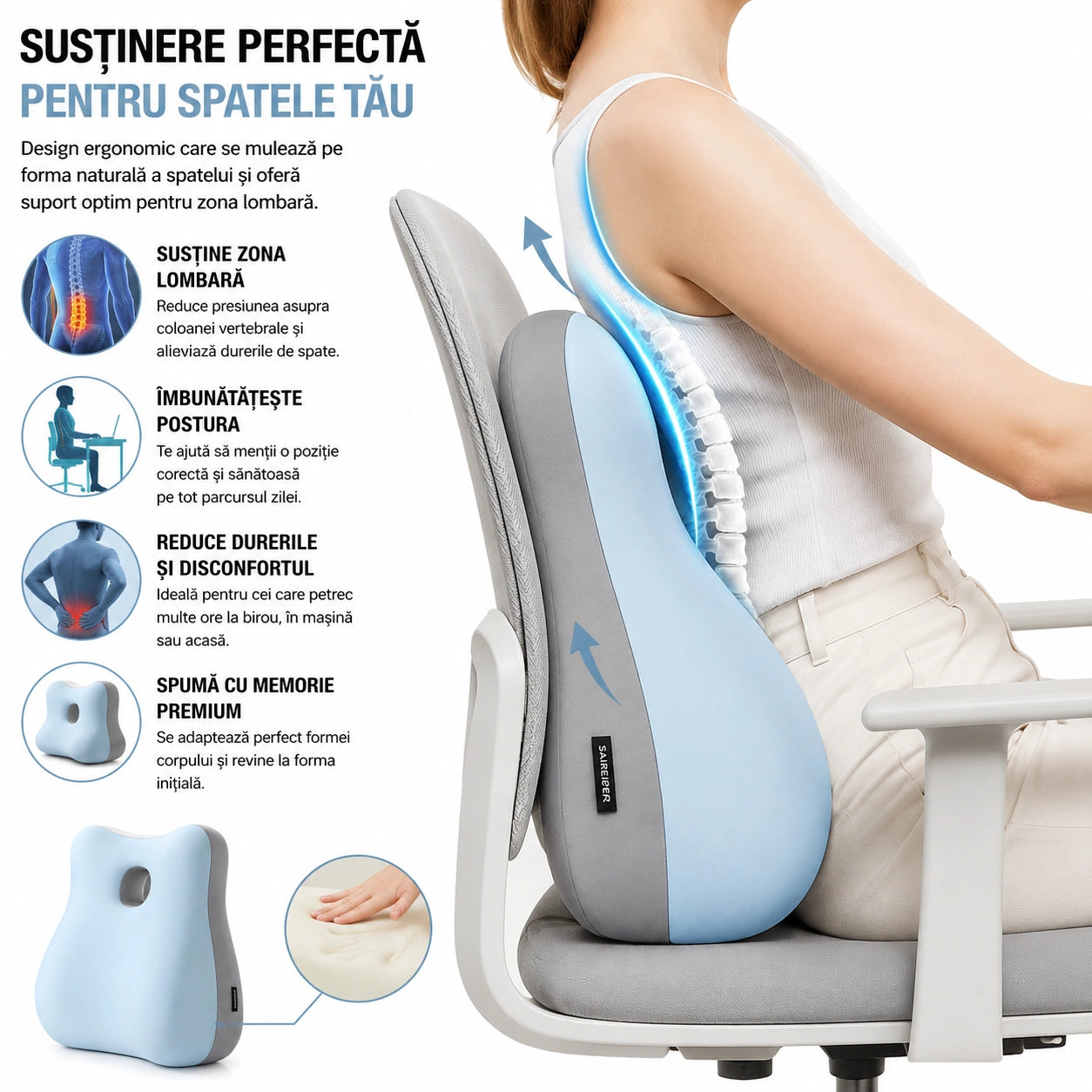 Pernă Ergonomică pentru Spate și Coloană Vertebrală, din Spumă cu Memorie Suport Lombar Ortopedic, Corector pentru Postură și Reducerea Durerilor de Spate, Ideală pentru Birou, Scaun Auto, Gaming, Canapea și Lucru de Acasă, Confortabil și Respirabil Roz